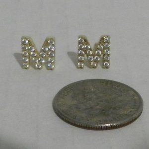 Mini goldtone with rhinestone post letter M earrings